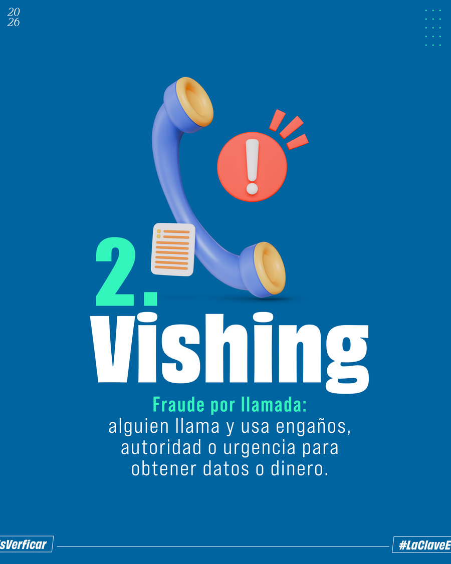Ilustración de un teléfono con un signo de alerta. Texto: 2. Vishing. Fraude por llamada: alguien llama y usa engaños, autoridad o urgencia para obtener datos o dinero.