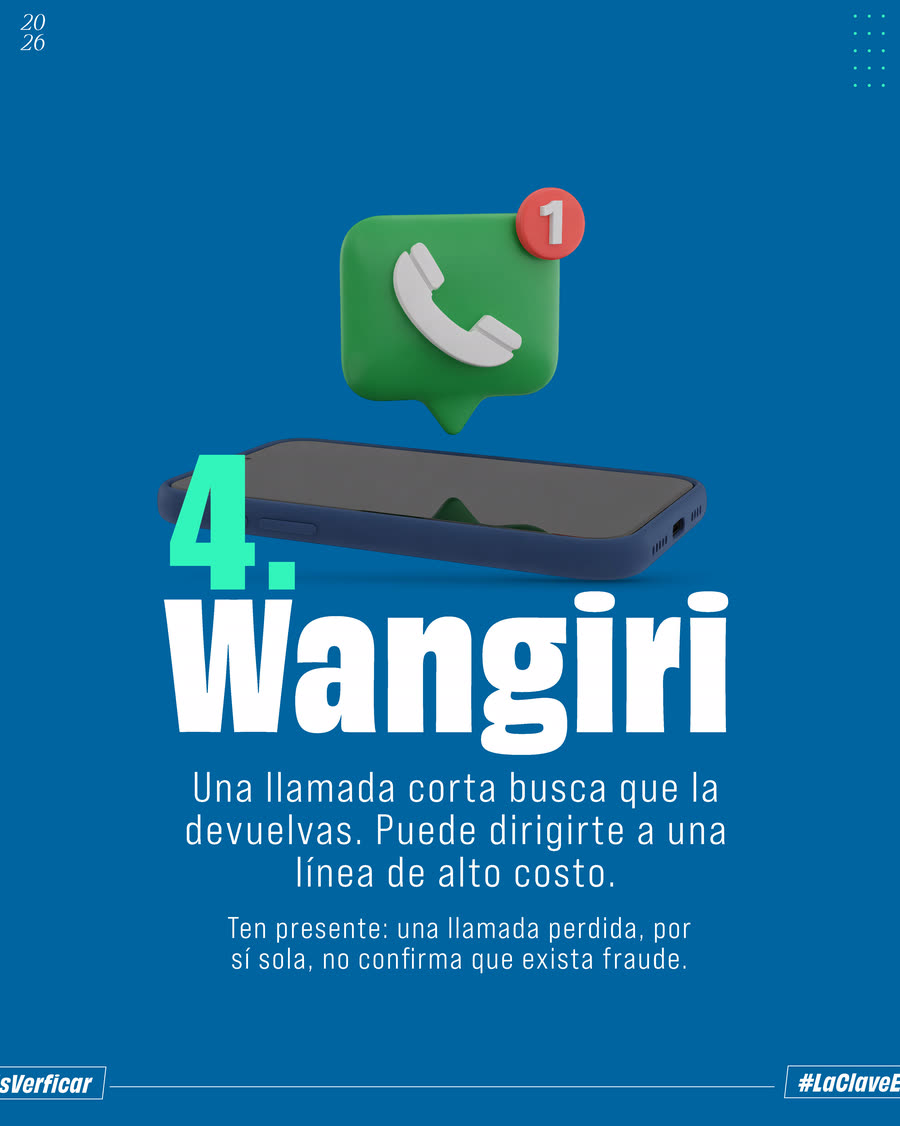 Ilustración de un ícono de llamada con una notificación sobre un celular. Texto: 4. Wangiri. Una llamada corta busca que la devuelvas. Puede dirigirte a una línea de alto costo. Ten presente: una llamada perdida, por sí sola, no confirma que exista fraude.