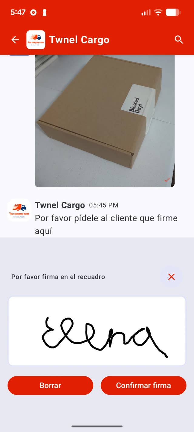 Pantalla de Twnel: el despachador pide la firma del cliente y el conductor la captura en el celular junto con la foto del paquete entregado